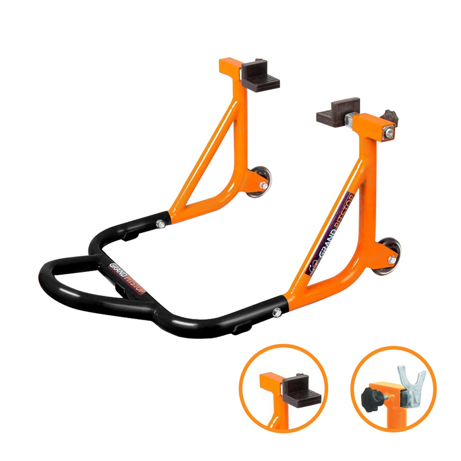 Dismantlable Rear Paddock Stand With 360 Rotation & Skate Wheels (Bike Wt upto: 450 kgs) - Black-Orange