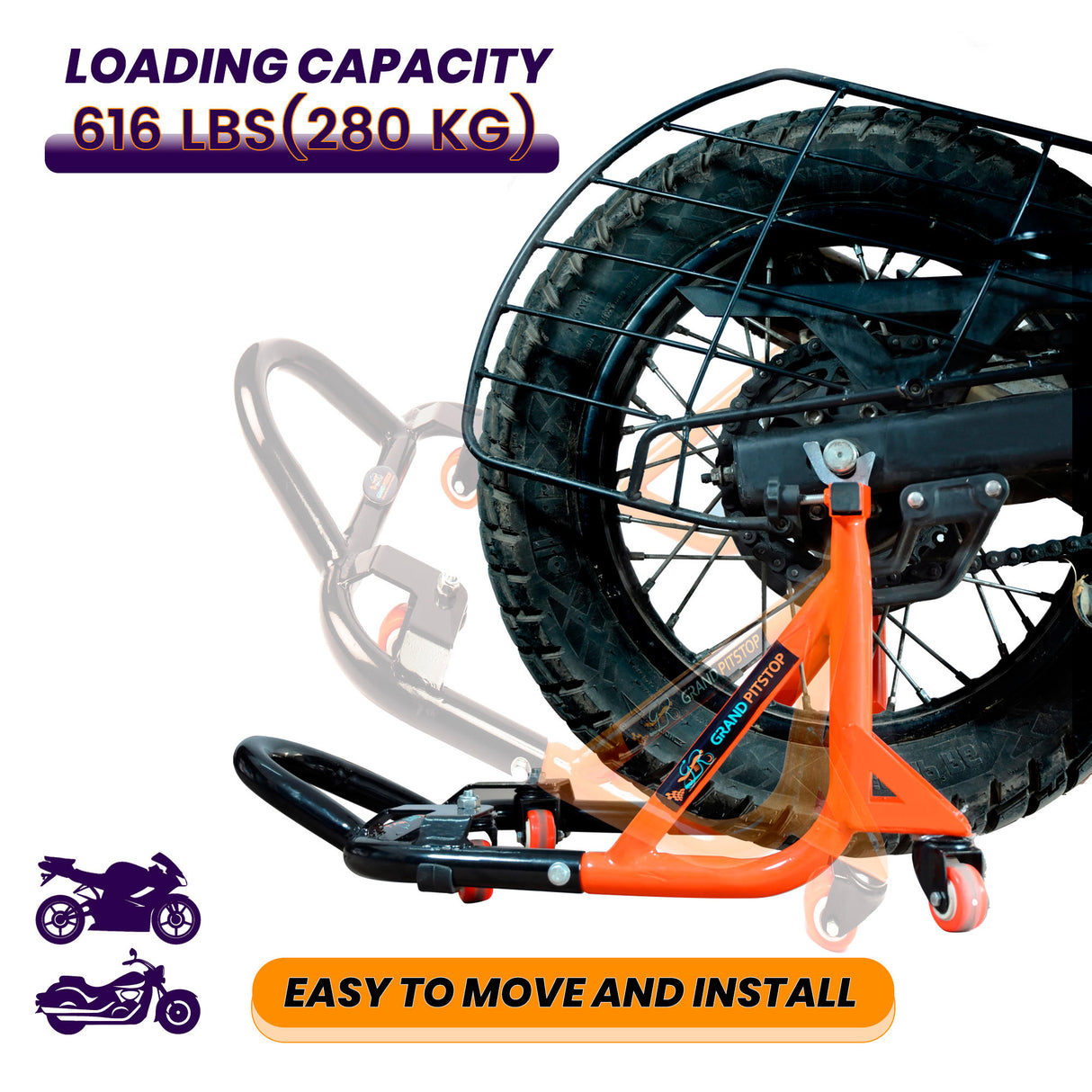 Dismantlable Rear Paddock Stand With 360 Rotation (Bike Wt upto: 280 kgs) - Black-Orange