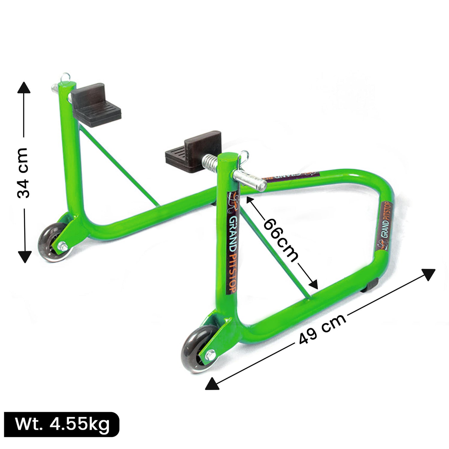 Non-Dismantlable Rear Paddock Stand With Skate Wheels (upto 350 kg) - Green
