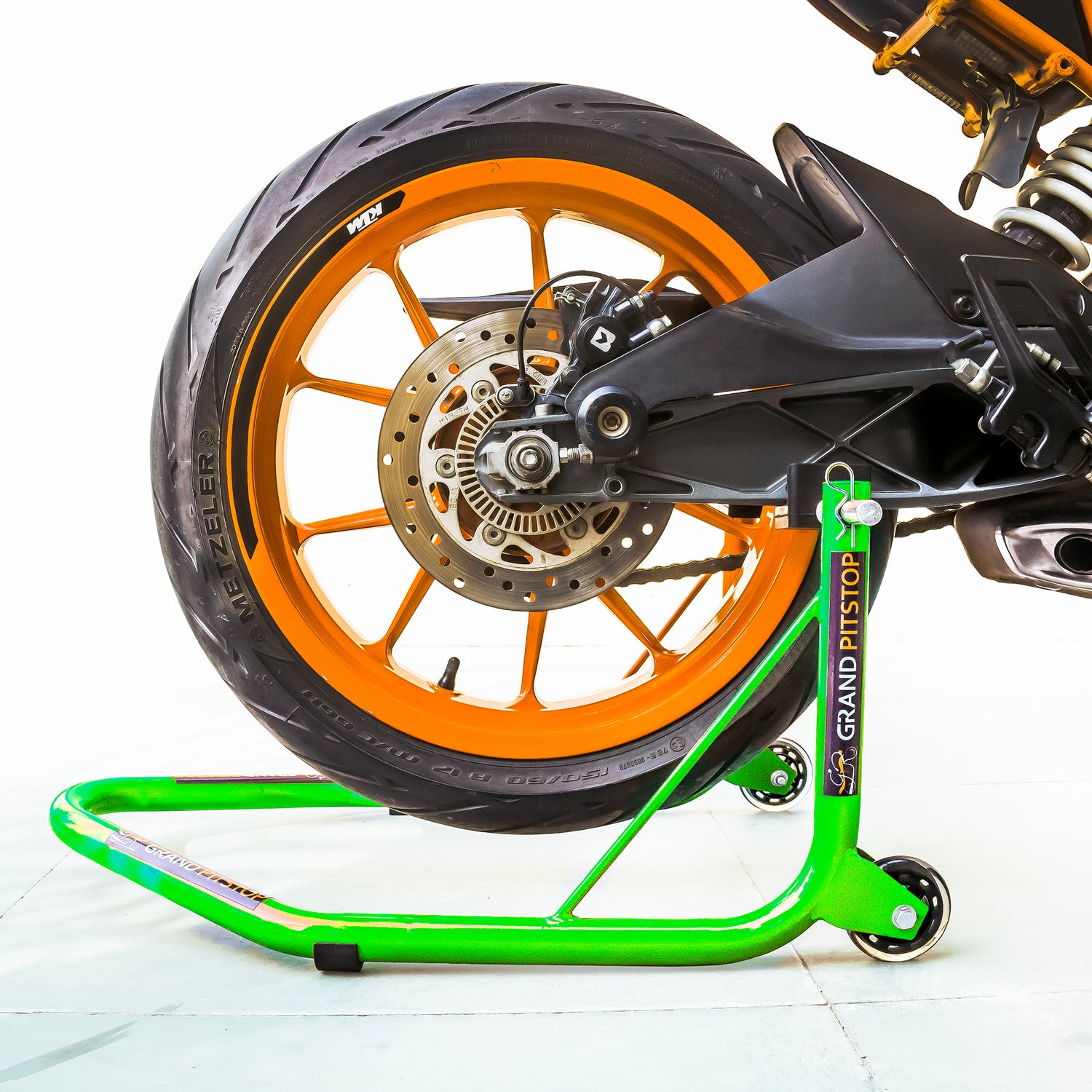 Non-Dismantlable Rear Paddock Stand With Skate Wheels (upto 350 kg) - Green