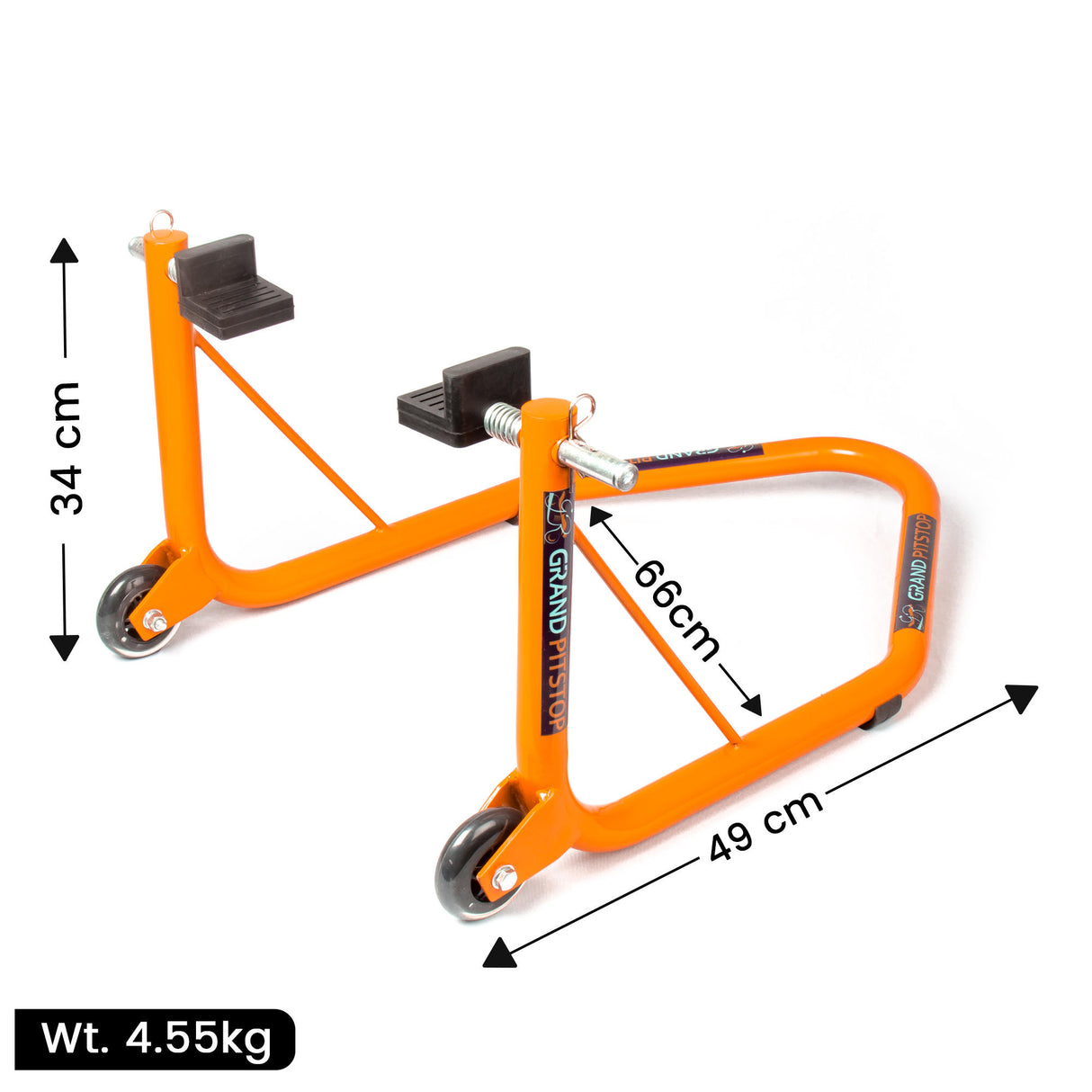 Non-Dismantlable Rear Paddock Stand With Skate Wheels (upto 350 kg) - Orange