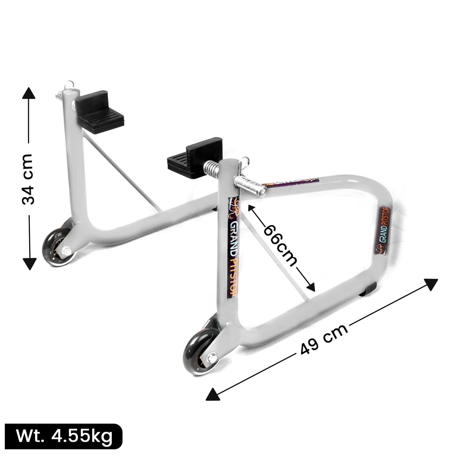 Non-Dismantlable Rear Paddock Stand With Skate Wheels (upto 350 kg) - Silver