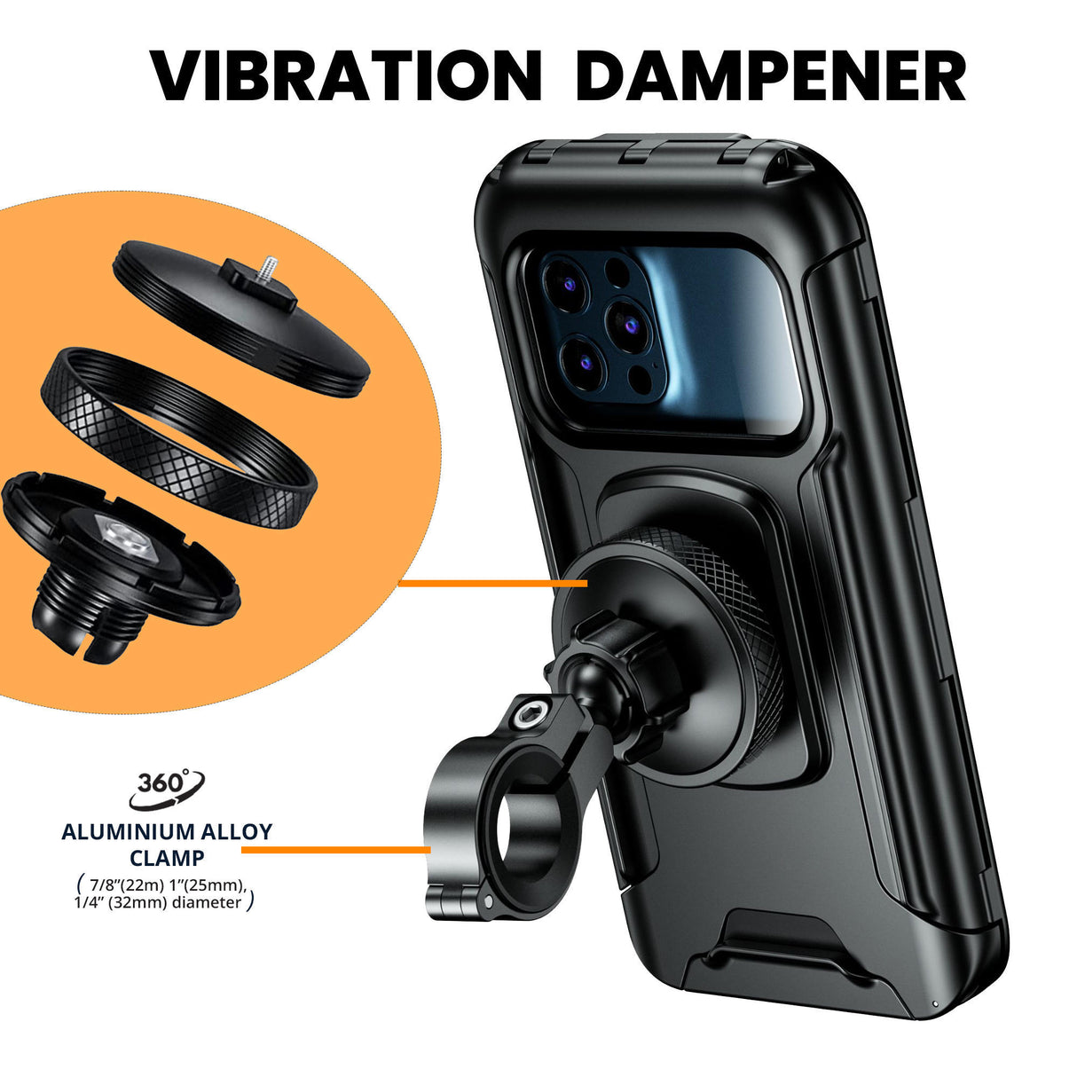 Waterproof Mobile Holder with Vibration Dampener Handlebar Mount - Black