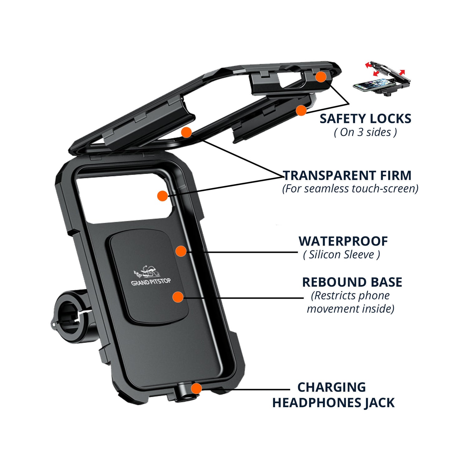 Waterproof Mobile Holder with Vibration Dampener Handlebar Mount - Black