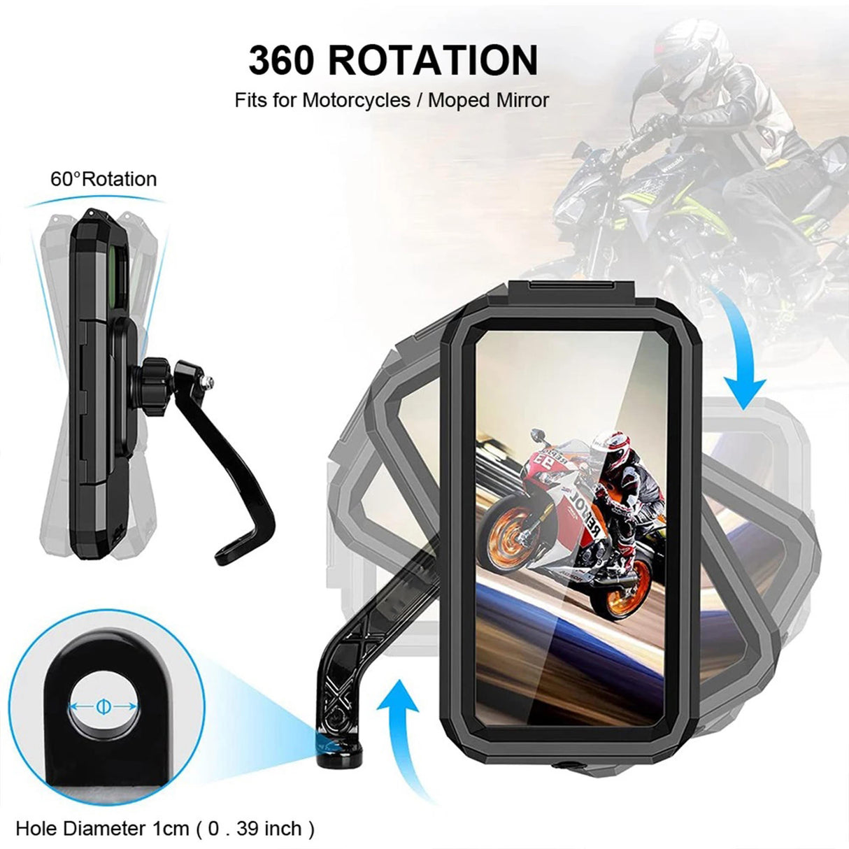 Waterproof Mobile Holder Mirror Mount - Black