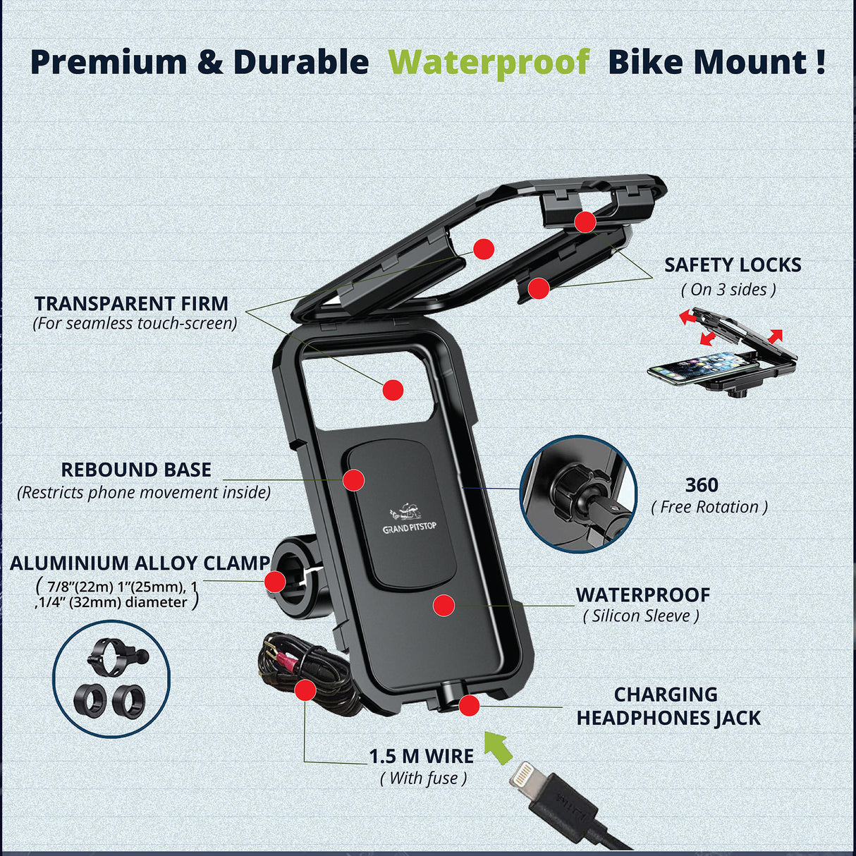 Waterproof Mobile Holder for Bike Handlebar with 15 W Wireless Charger - Black