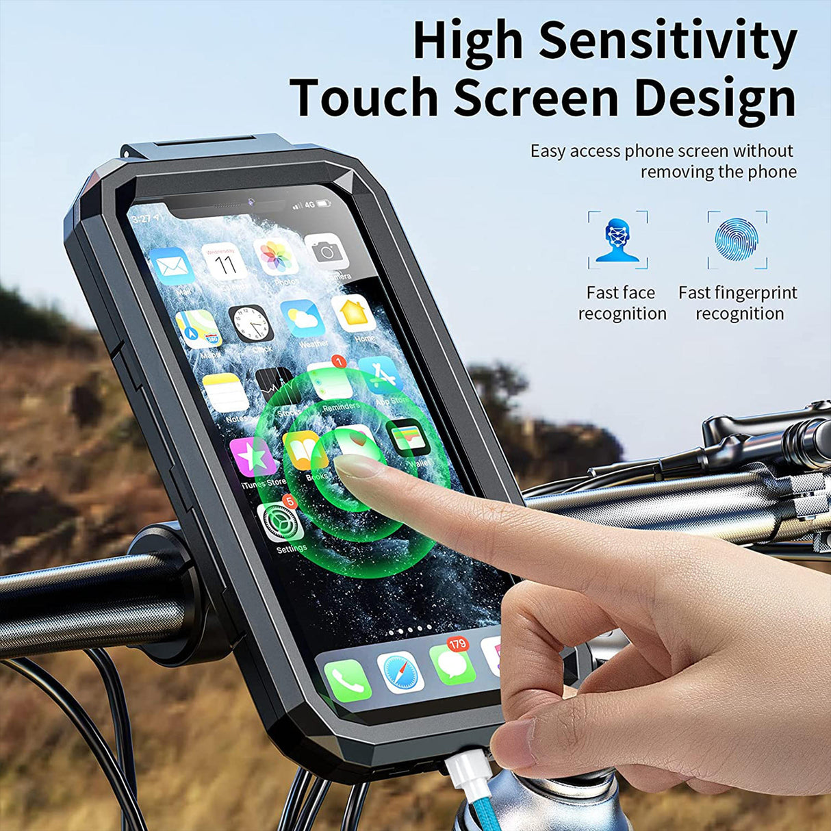Waterproof Mobile Holder for Bike Handlebar with 15 W Wireless Charger - Black