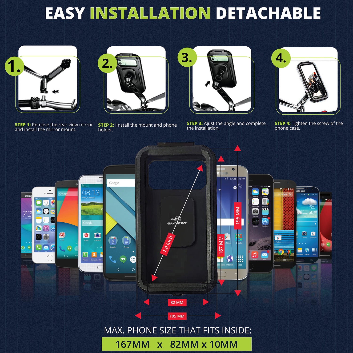 Waterproof Mobile Holder Mirror Mount with 15W Wireless Charger - Black