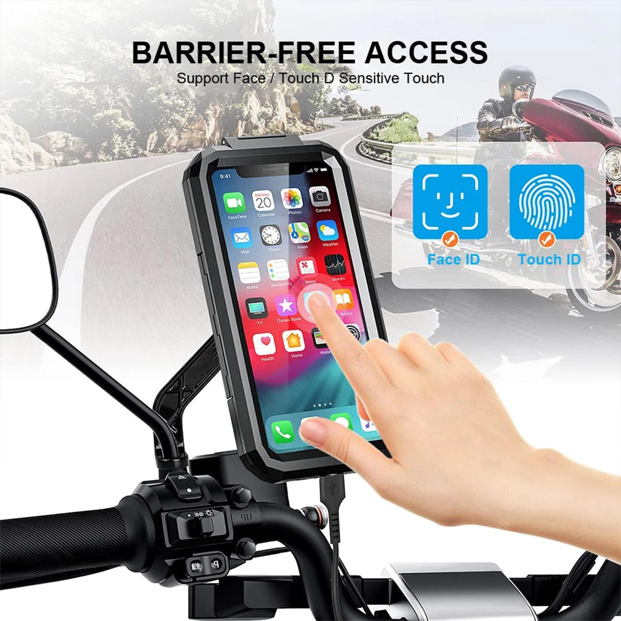 Waterproof Mobile Holder Mirror Mount with 15W Wireless Charger - Black