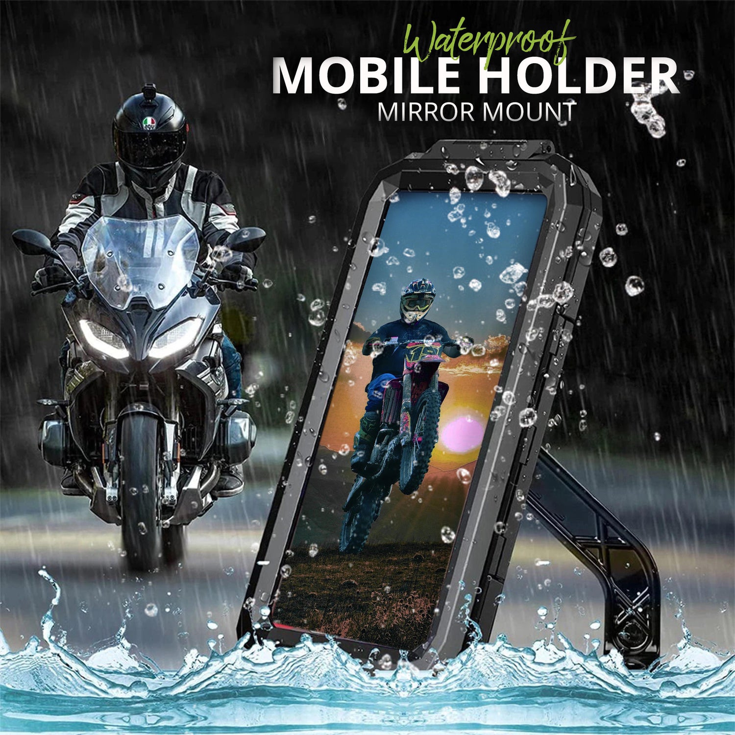 Waterproof Mobile Holder Mirror Mount with 15W Wireless Charger - Black