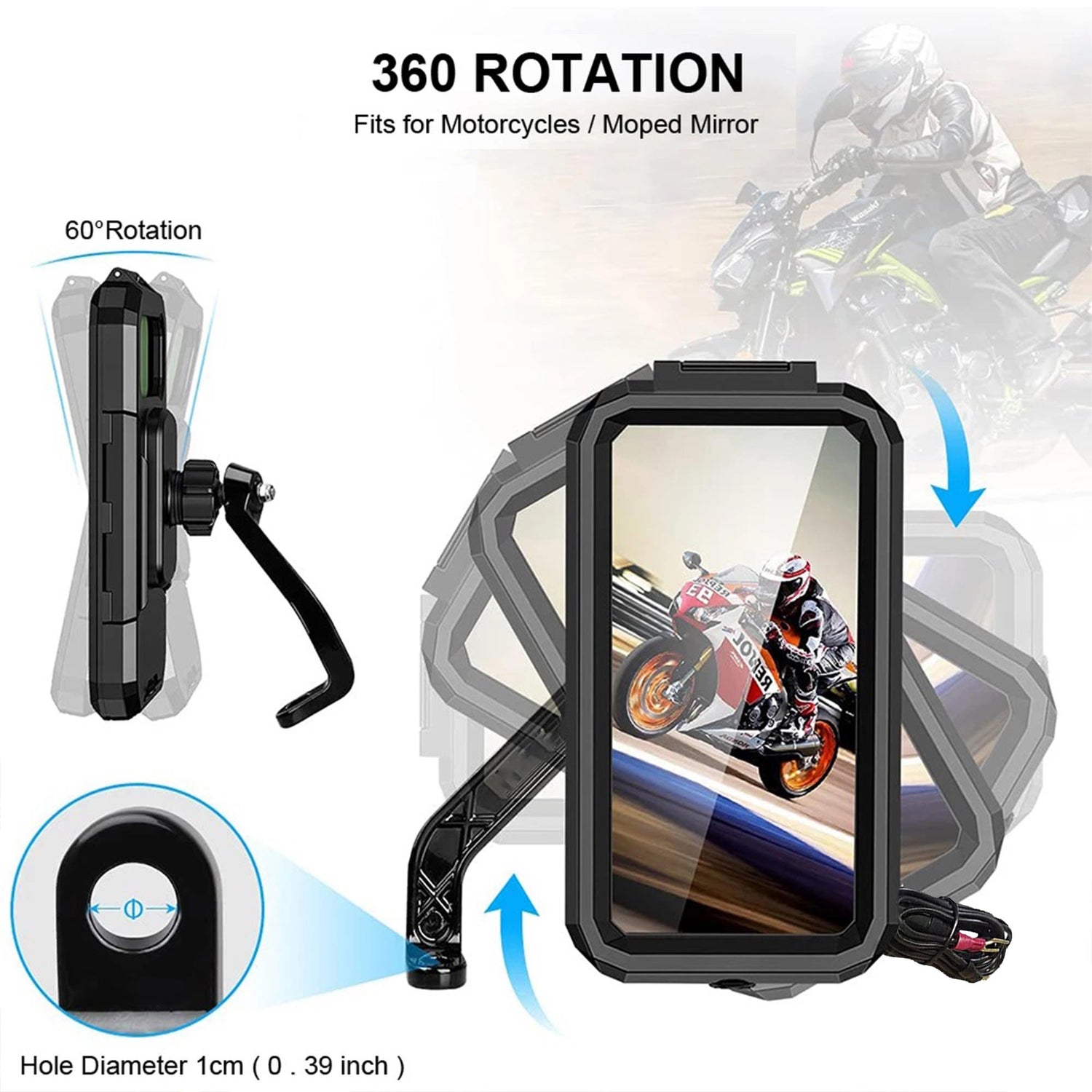 Waterproof Mobile Holder Mirror Mount with 15W Wireless Charger - Black