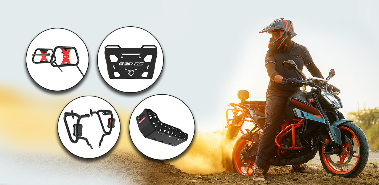biker on a bike with images of saddle stay top rack plate crash guard pair and aluminium sumpguard