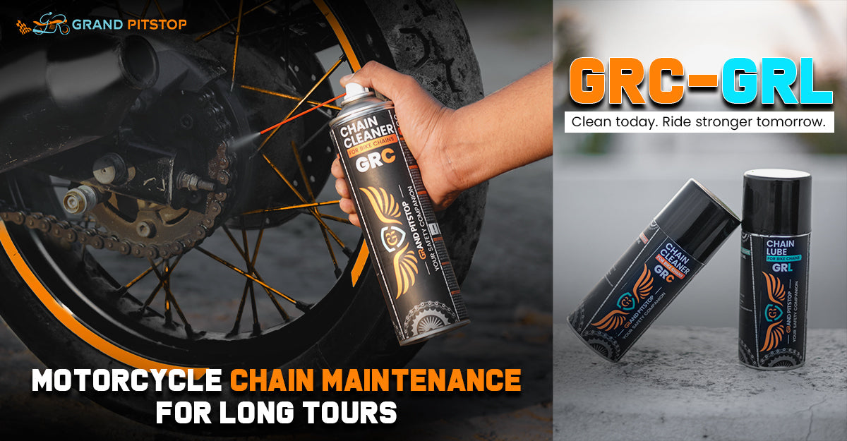 a closeup shot of using GrandPitstop's Chain Cleaner on a motorcycle