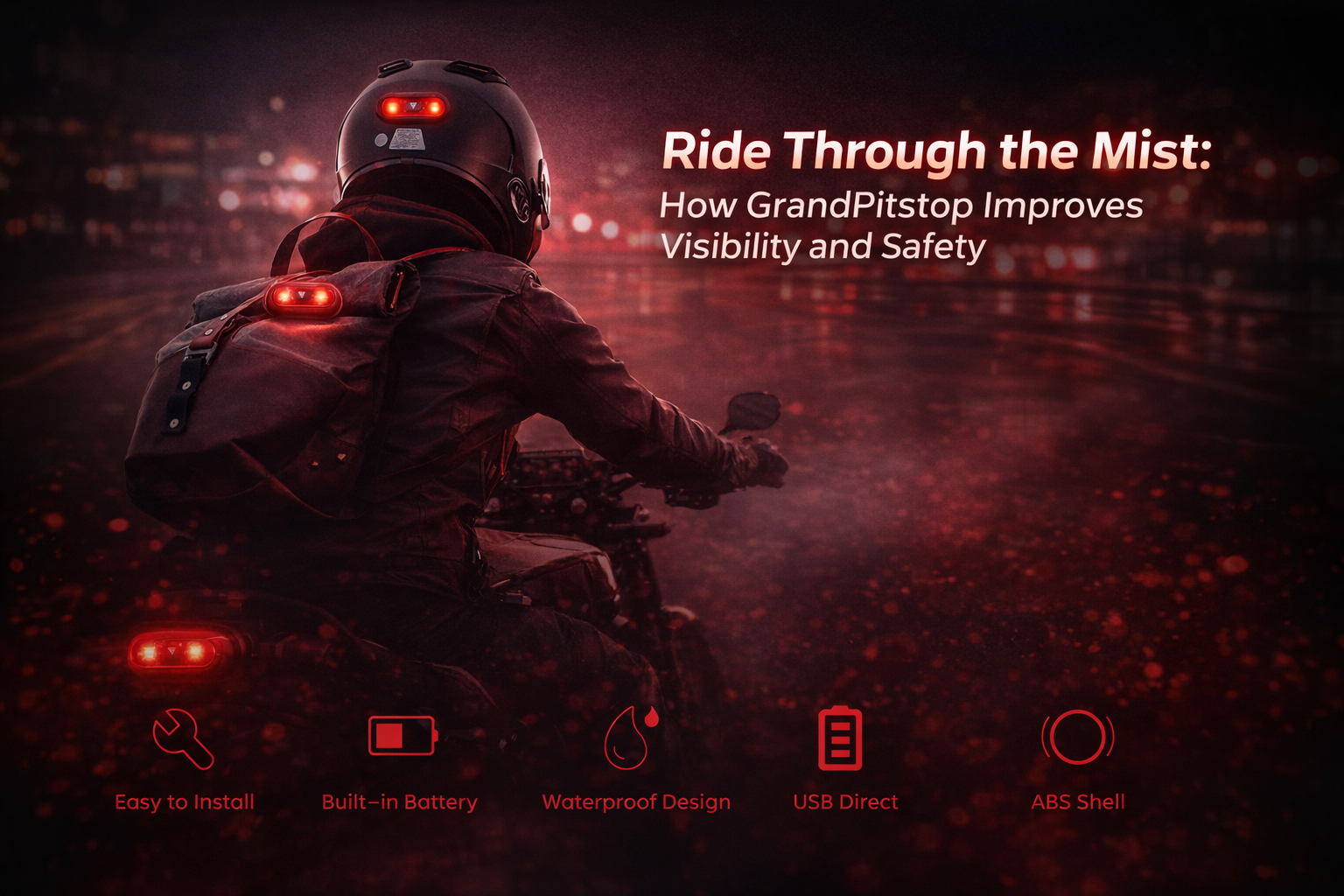 GrandPitstop Night Wing LED helmet light improving rider visibility and road safety in misty riding conditions.