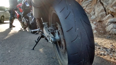 Close up image of a touring tyre used in a bike