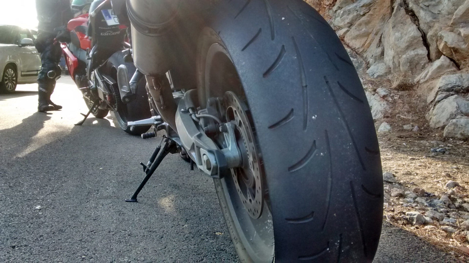 Close up image of a touring tyre used in a bike