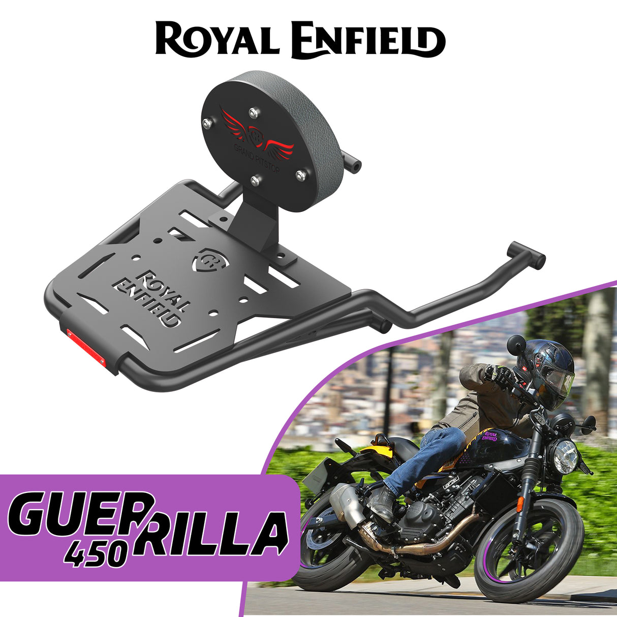 Extended Top Rack with Backrest for Royal Enfield Guerrilla 450 - Black