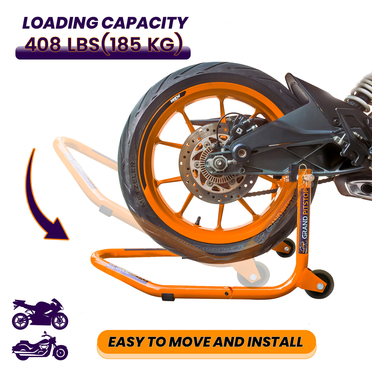 Dismantable Standard Rear Paddock Stand without Skate Wheels - Orange - (Bike Wt upto: 185 kgs)