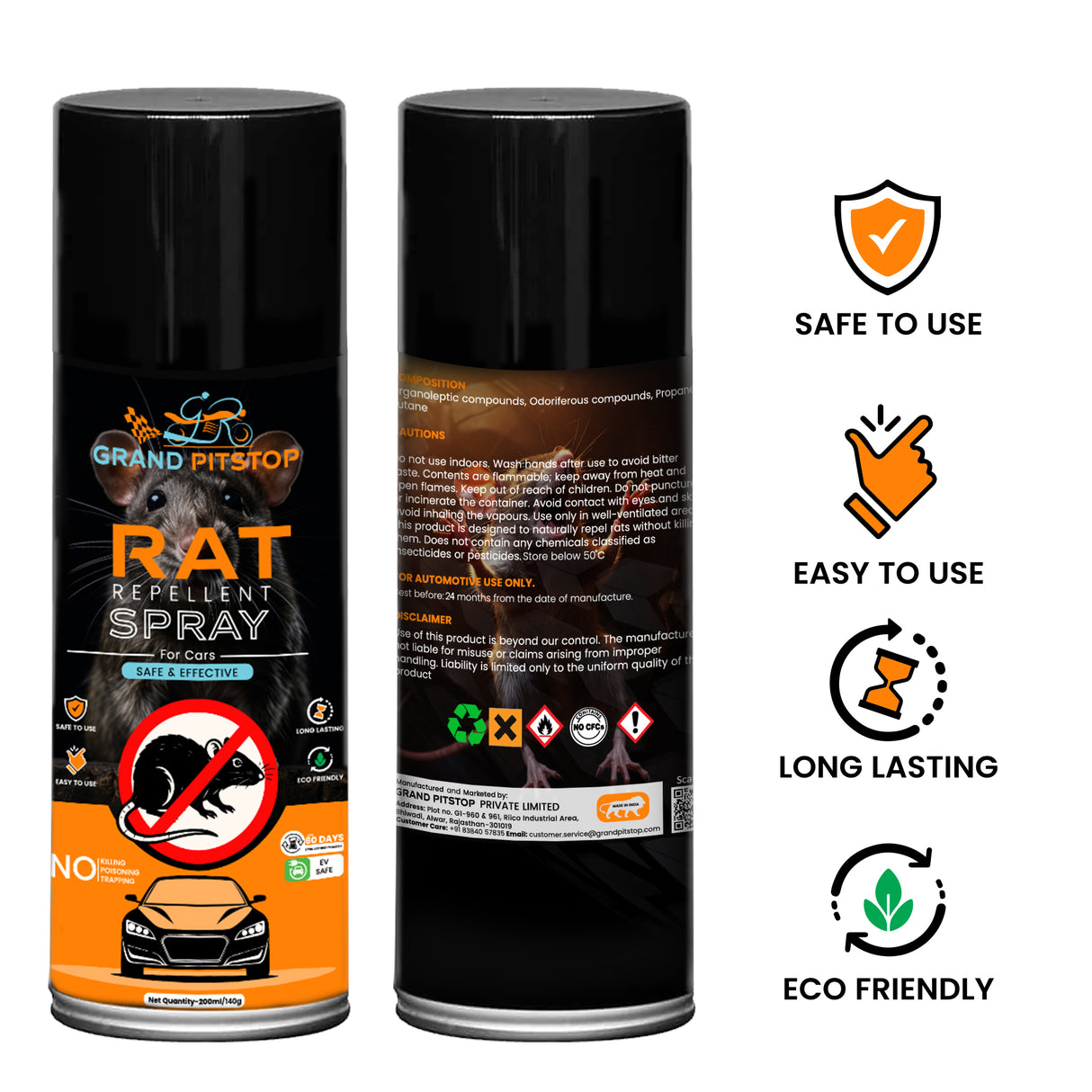 GRAND PITSTOP Rat Repellent Spray for Cars 200 ml | Non-Toxic Rodent Repeller for Car Engine Bay & Interior | Long-Lasting Protection | Easy Spray Application
