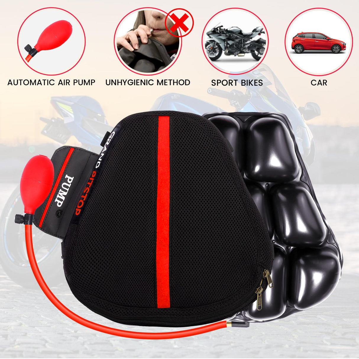 Air Comfy Seat Cushion for Medical, Offices, Home, Motorcycle and Car Lumbar Support - Sports Premium with Pump