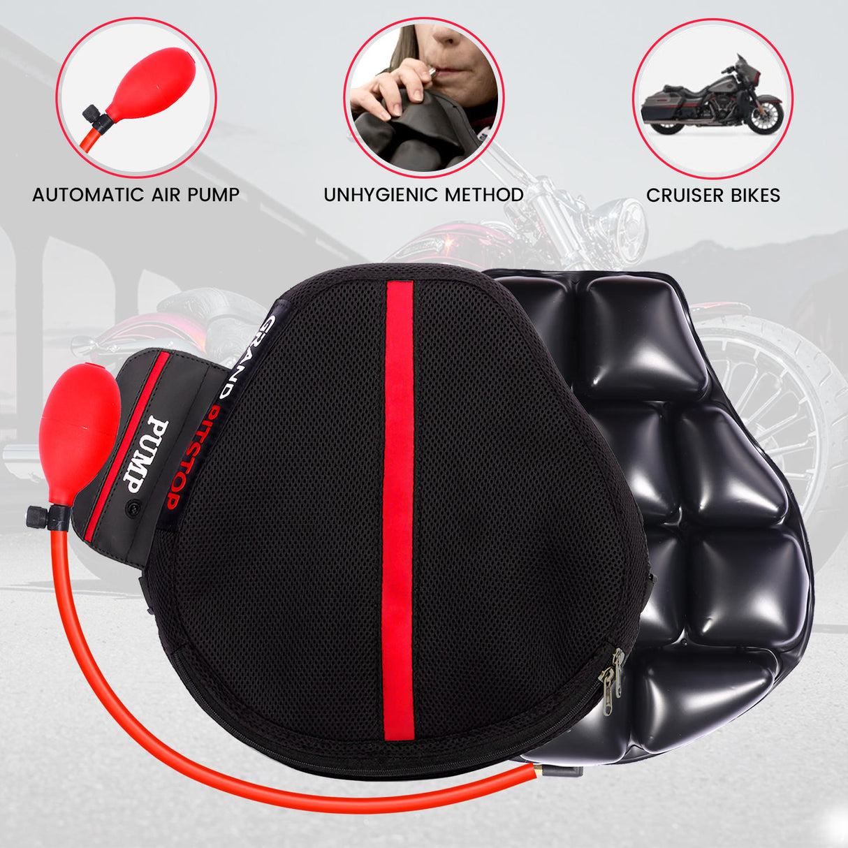 Combo - Air Seat for Medical, Offices, Home, Motorcycle and Car Lumbar Support & Inflator