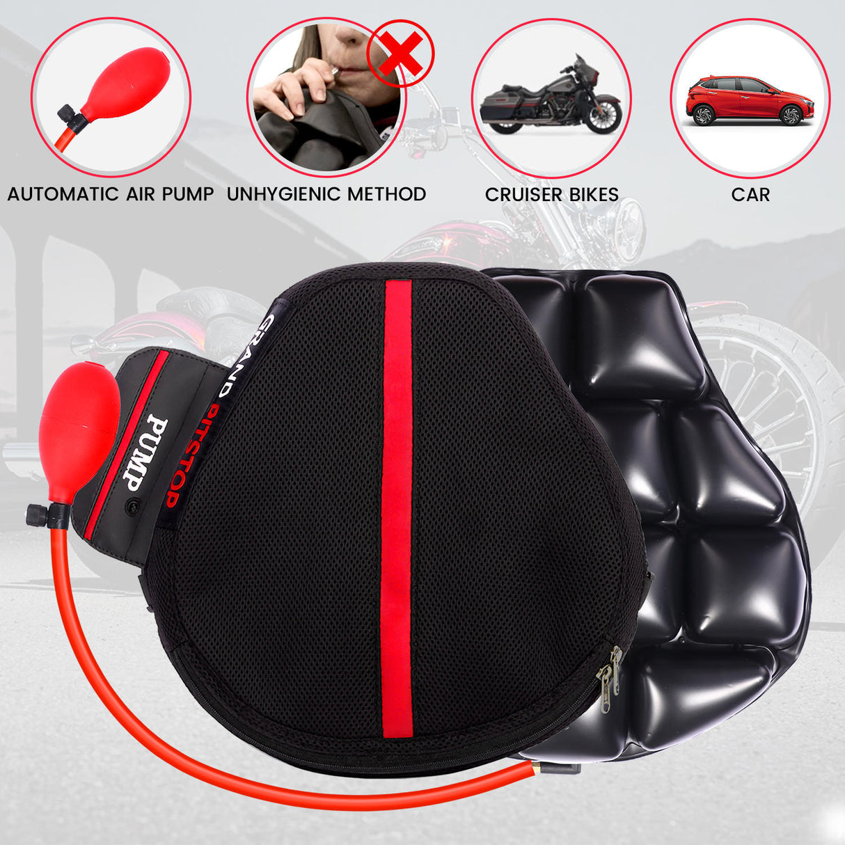Air Comfy Seat Cushion for Medical, Offices, Home, Motorcycle and Car Lumbar Support - Cruiser Premium with Pump