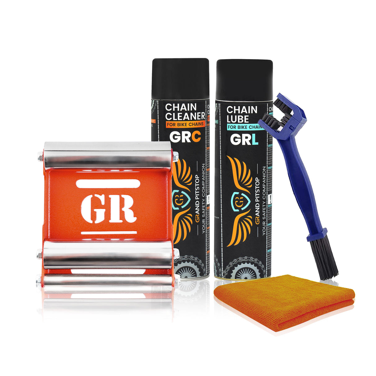 Combo of Chain Cleaning Brush & GR Chain Cleaner-160ml & GR Chain Lube-160ml & Microfiber cloth & Groller Medium