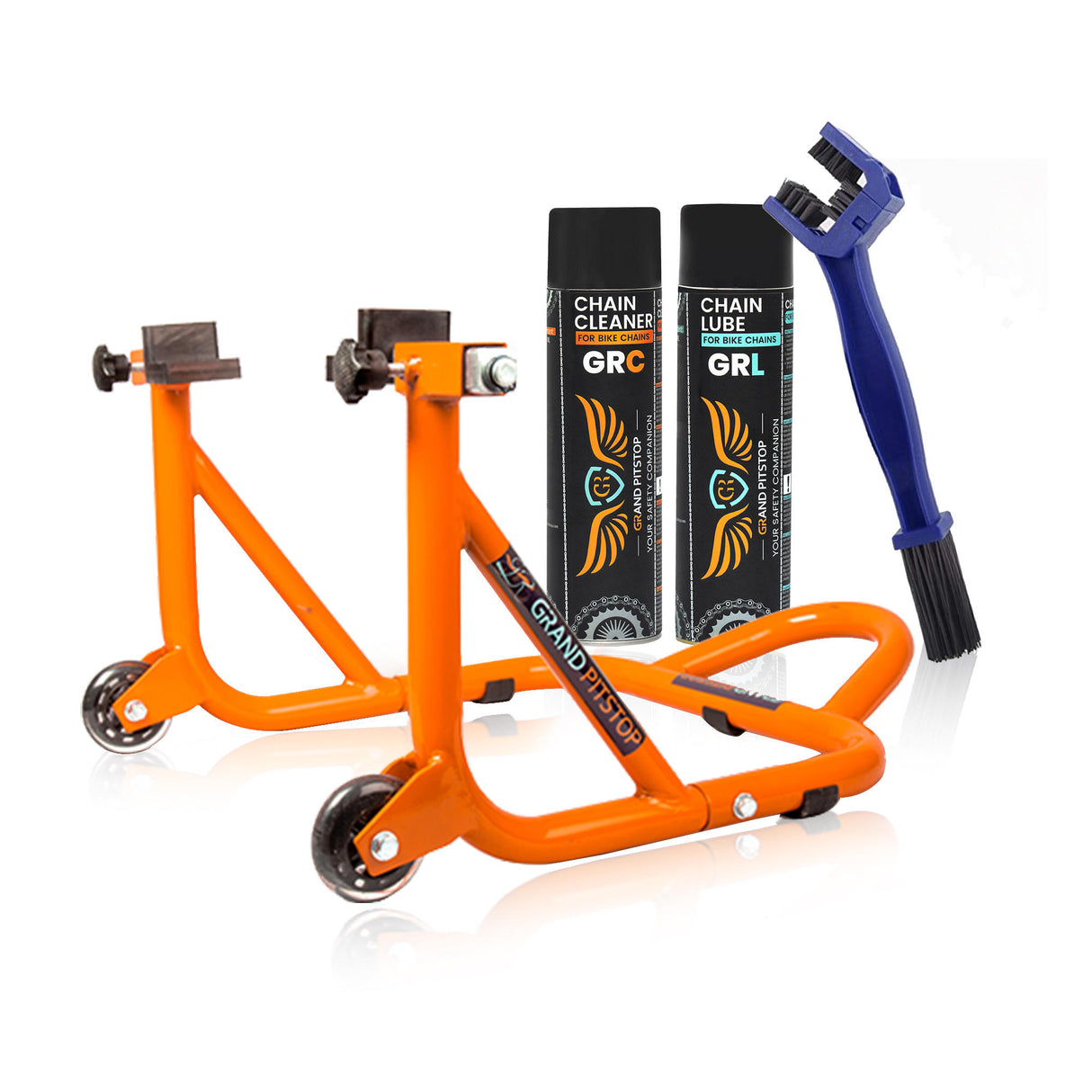 Combo of Chain Cleaning Brush & GR Chain Cleaner-500ml & GR Chain Lube-500ml & Dismantable Paddock Stand-Orange