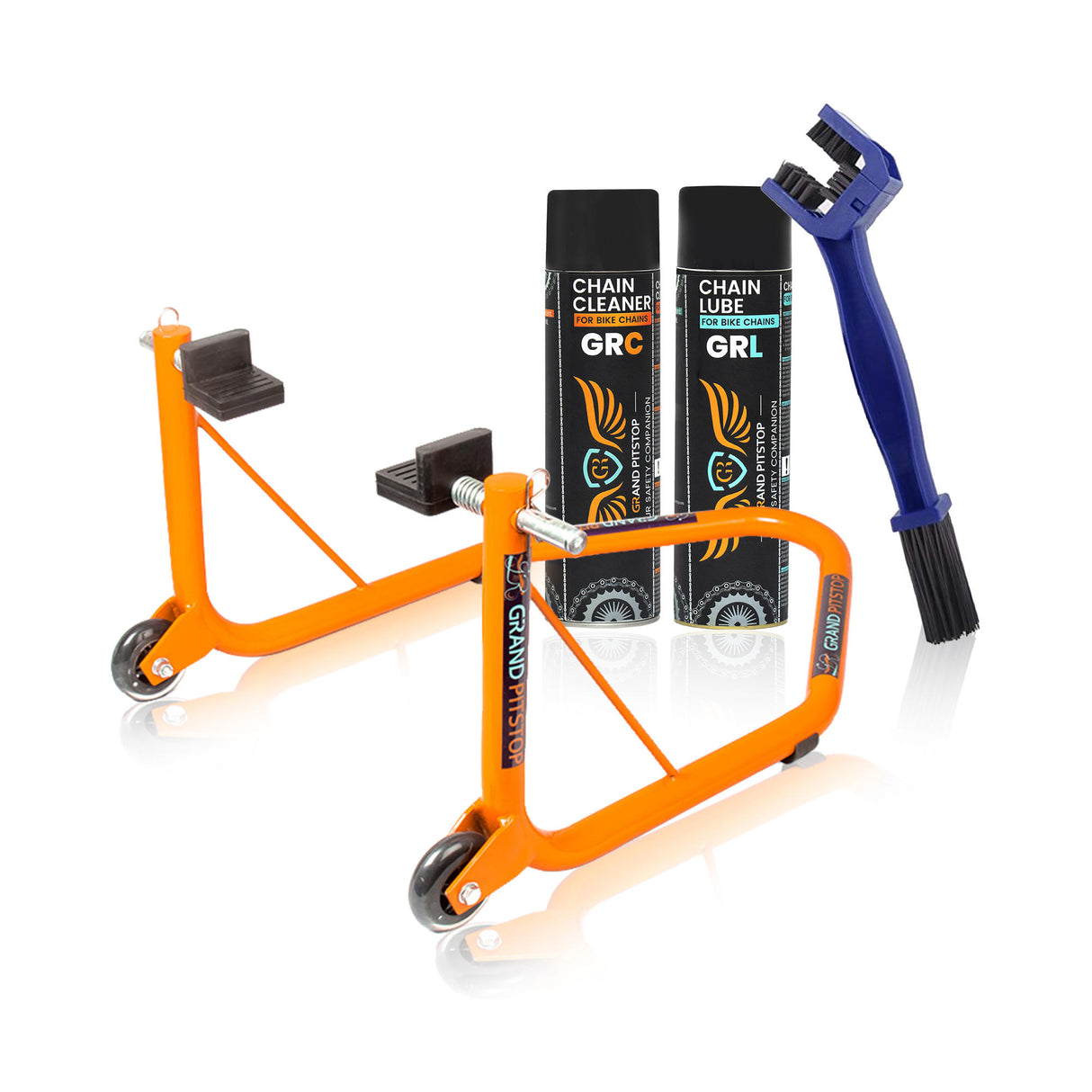 Combo of Chain Cleaning Brush & GR Chain Cleaner-500ml & GR Chain Lube-500ml & Non-Dismantable Universal Paddock Stand-Orange