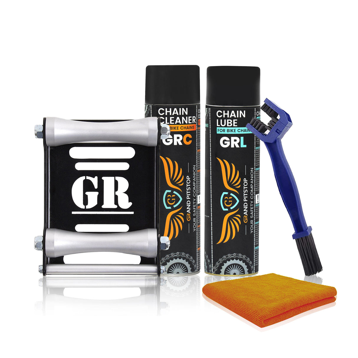 Combo of Chain Cleaning Brush & GR Chain Cleaner-500ml & GR Chain Lube-500ml & Microfiber cloth & Groller Large