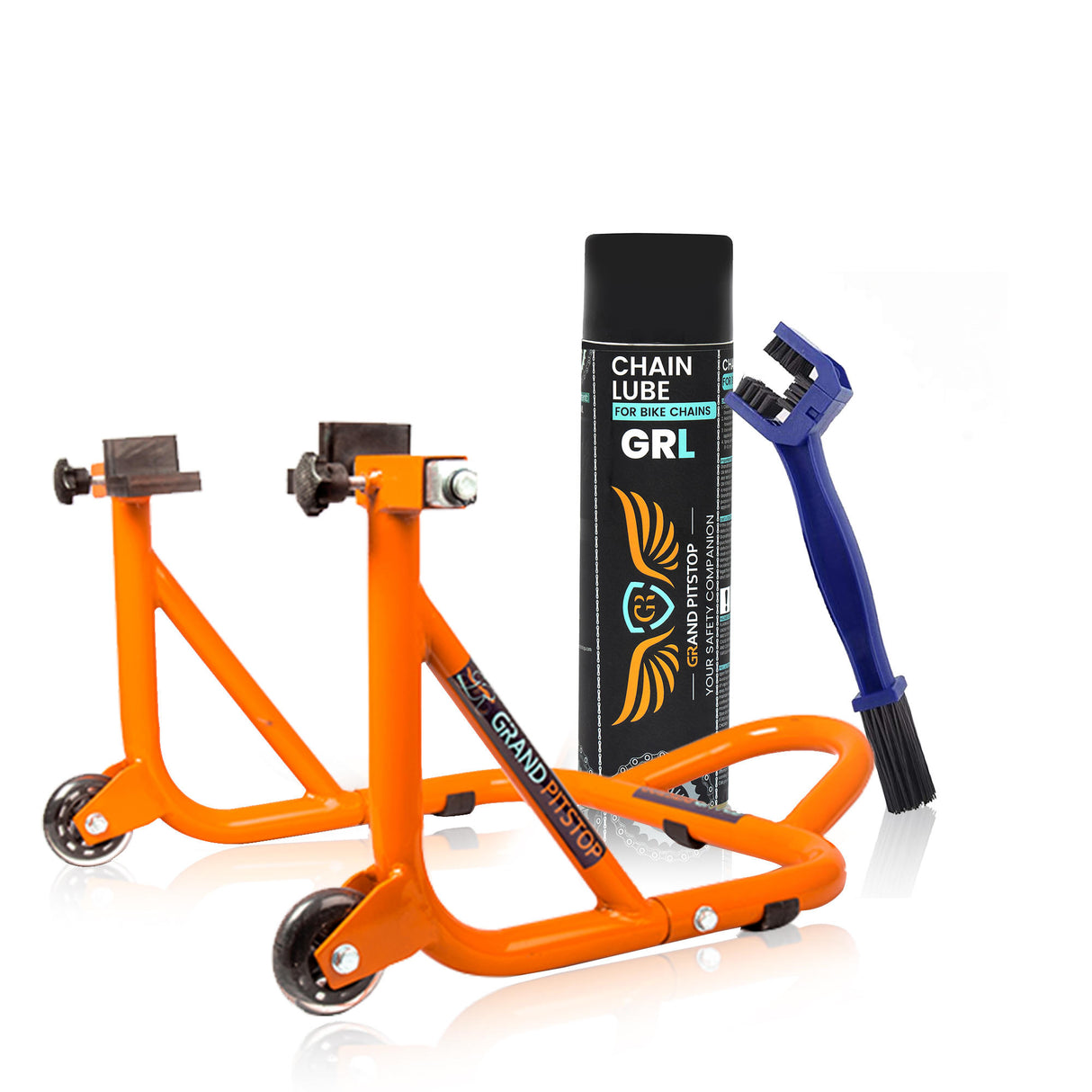 Combo of Chain Cleaning Brush & GR Chain Lube-500ml & Dismantable Paddock Stand-Orange