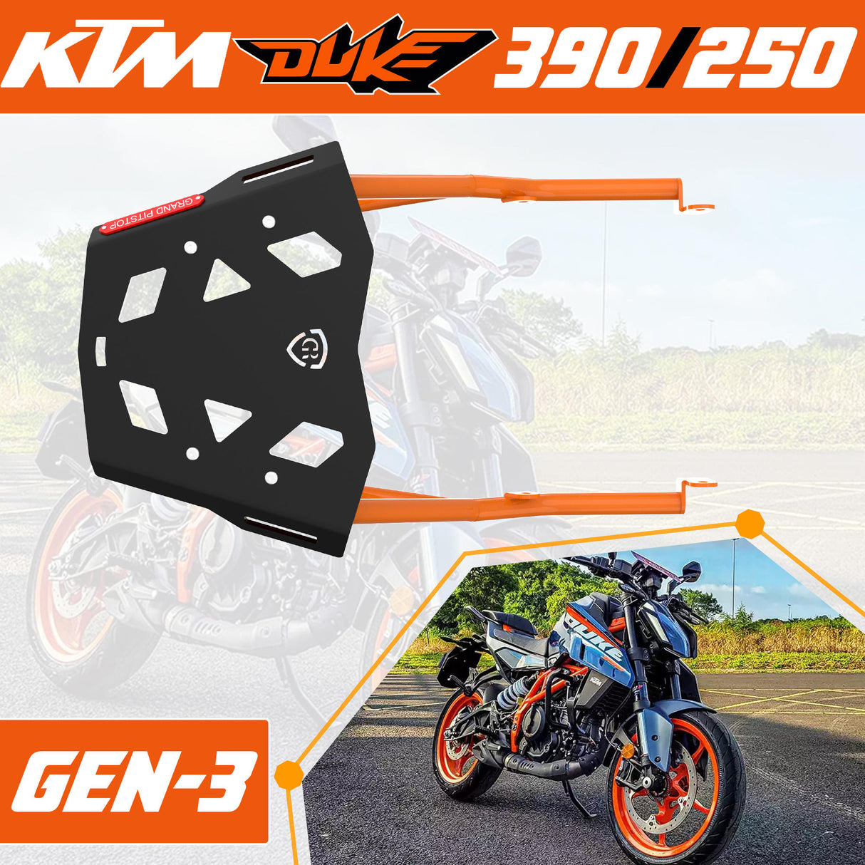 Extended Top Rack with Plate for KTM DUKE 390/250 Gen 3 - Black/Orange