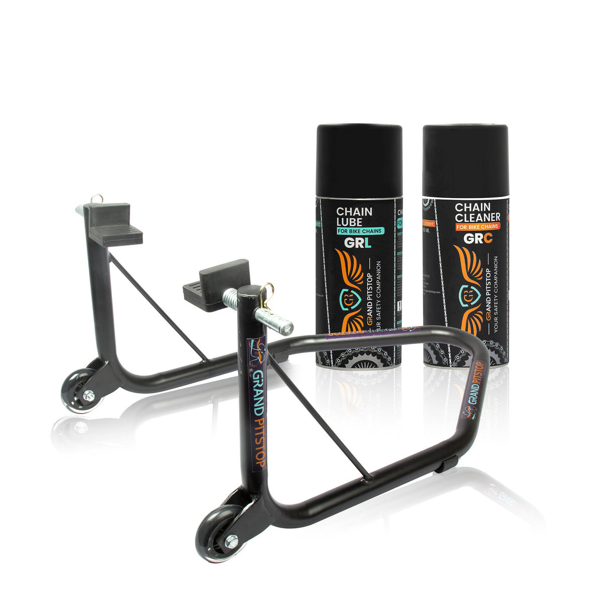 Combo of GR Chain Cleaner-160ml & GR Chain Lube-160ml & Non-Dismantable Universal Paddock Stand-Black