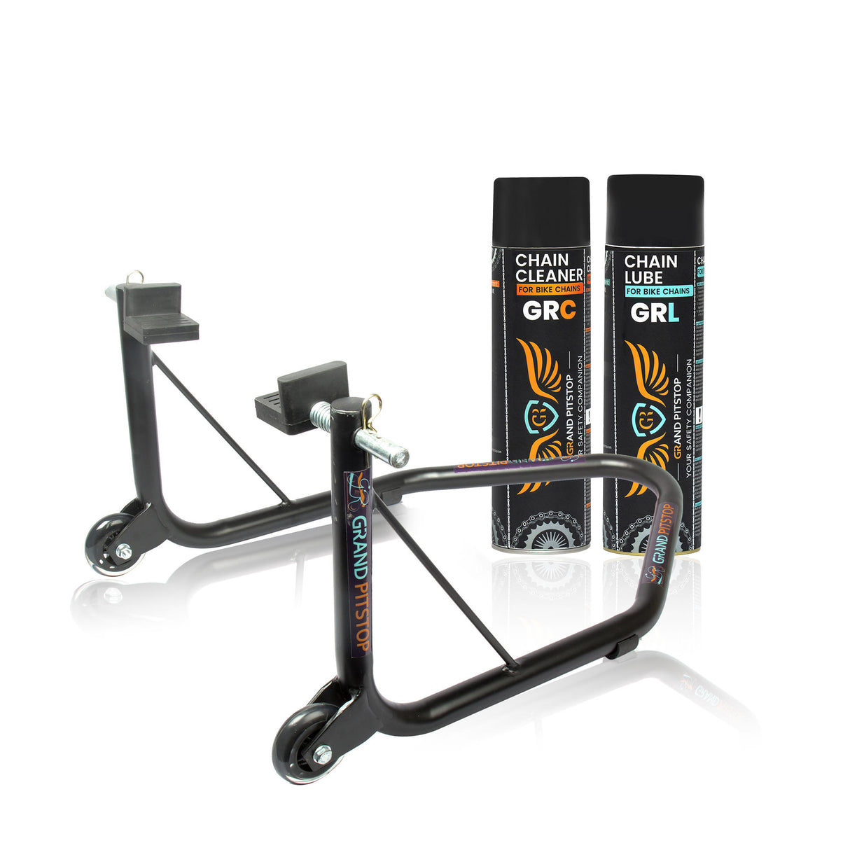 Combo of GR Chain Cleaner-500ml & GR Chain Lube-500ml & Non-Dismantable Universal Paddock Stand-Black