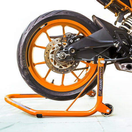 Non-Dismantable Universal Rear Paddock Stand with Skate Wheels - Orange - (Bike Wt upto: 350 kgs)