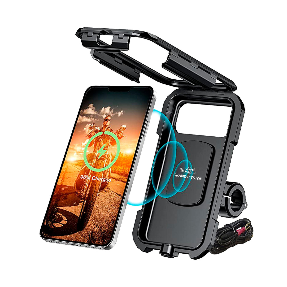 Waterproof Mobile Holder Handlebar Mount with 15W Wireless Charger - Black