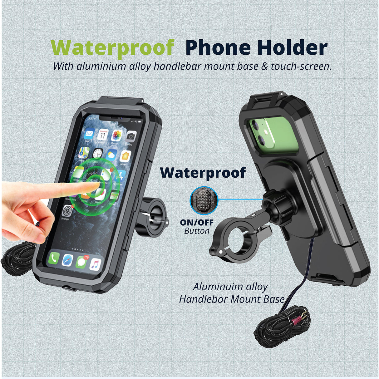 Waterproof Mobile Holder Handlebar Mount with 15W Wireless Charger - Black