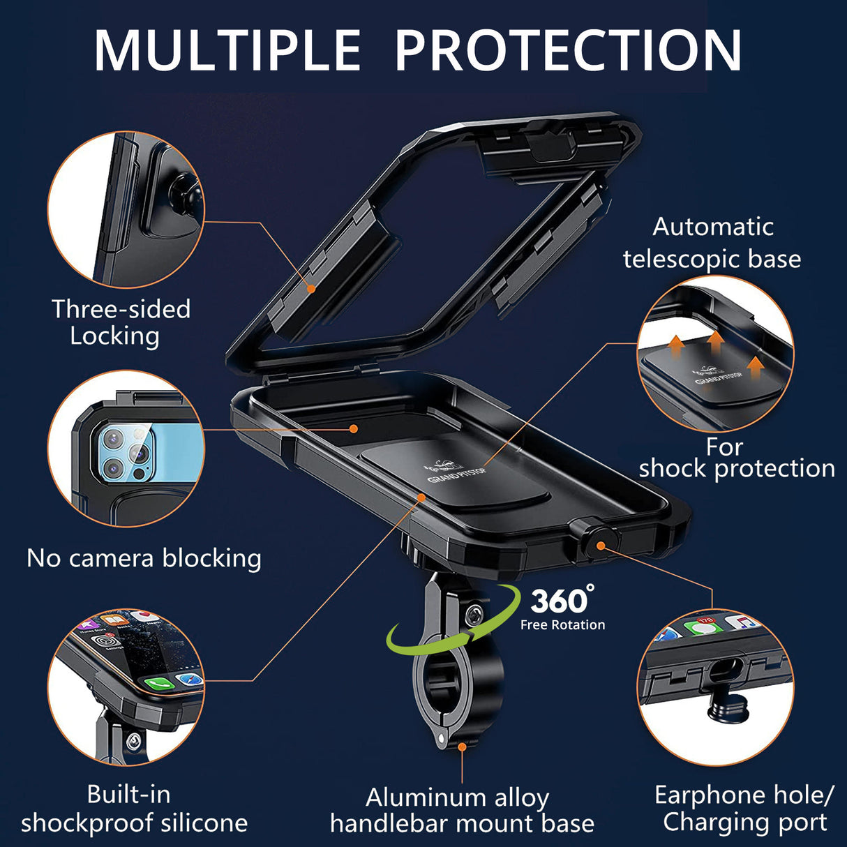 Waterproof Mobile Holder Handlebar Mount with 15W Wireless Charger - Black
